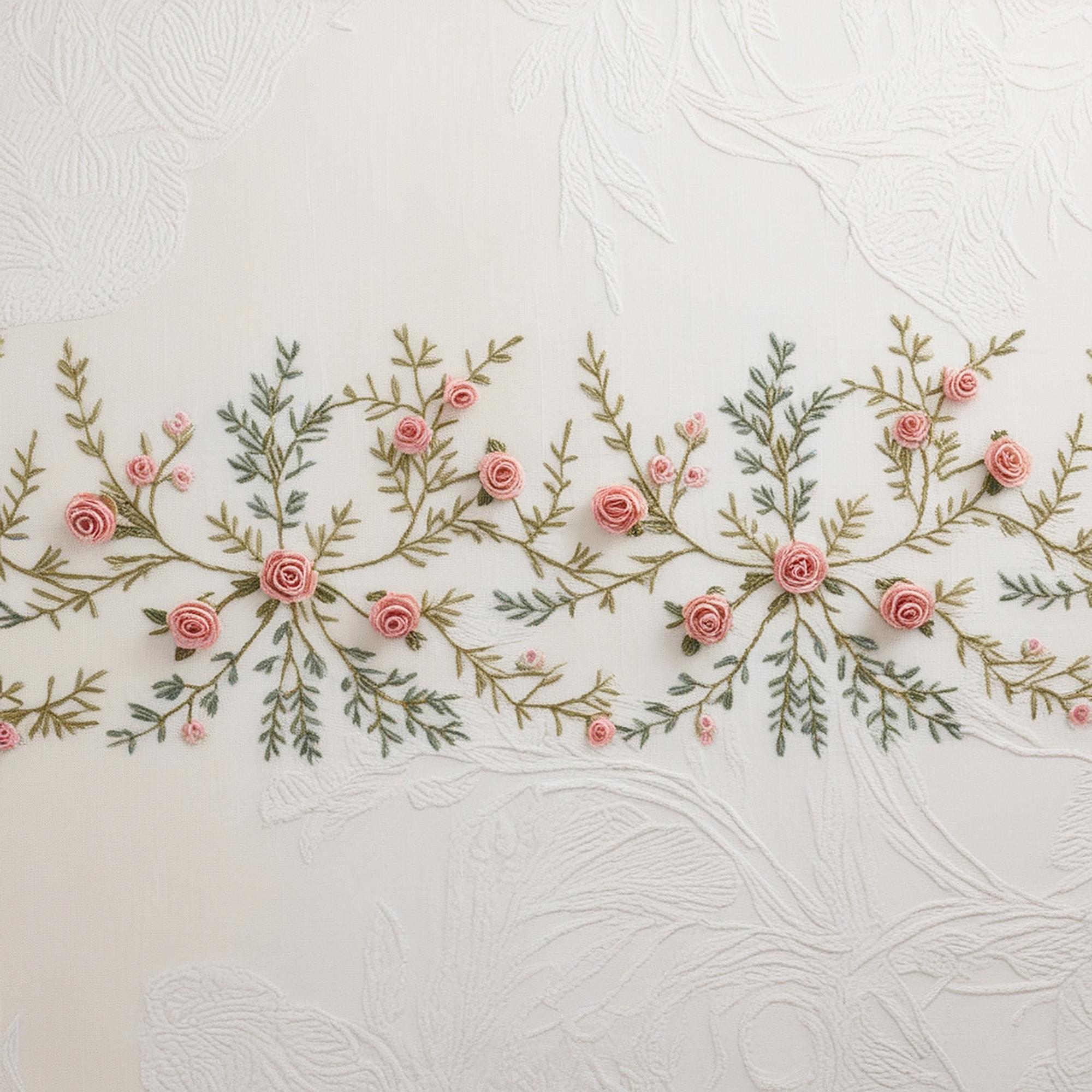 Artisanal embroidered floral panel on linen